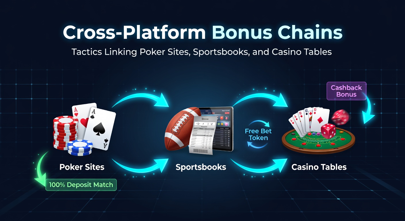 Digital graphic showing interconnected icons of poker chips, sports betting slips, and casino roulette wheels linked by glowing bonus chains across multiple platforms