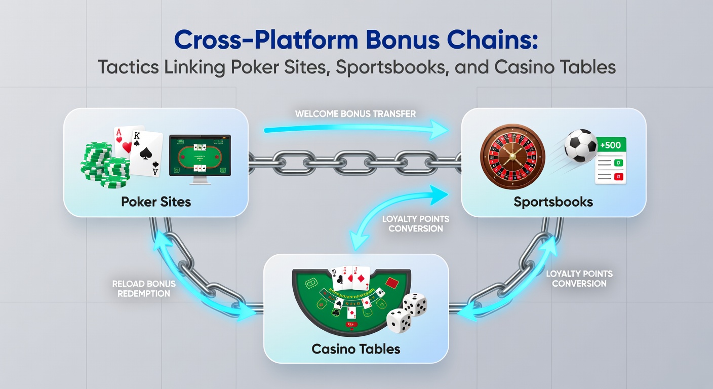 Screenshot-style image depicting a mobile app dashboard with bonus chain progress bars connecting poker, sportsbook, and casino sections, highlighted with green checkmarks and glowing links