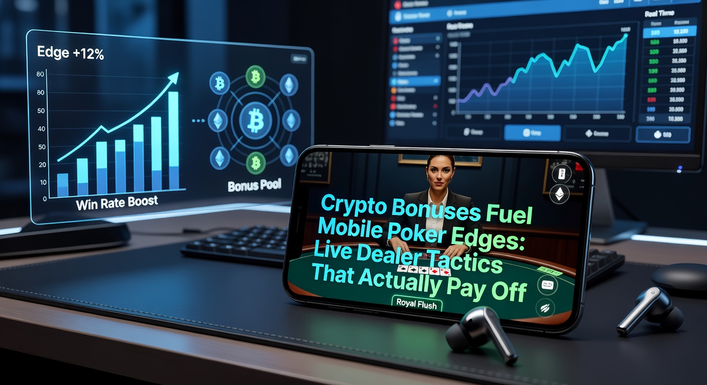 Mobile poker app interface showing crypto wallet integration and live dealer table with bonus notifications