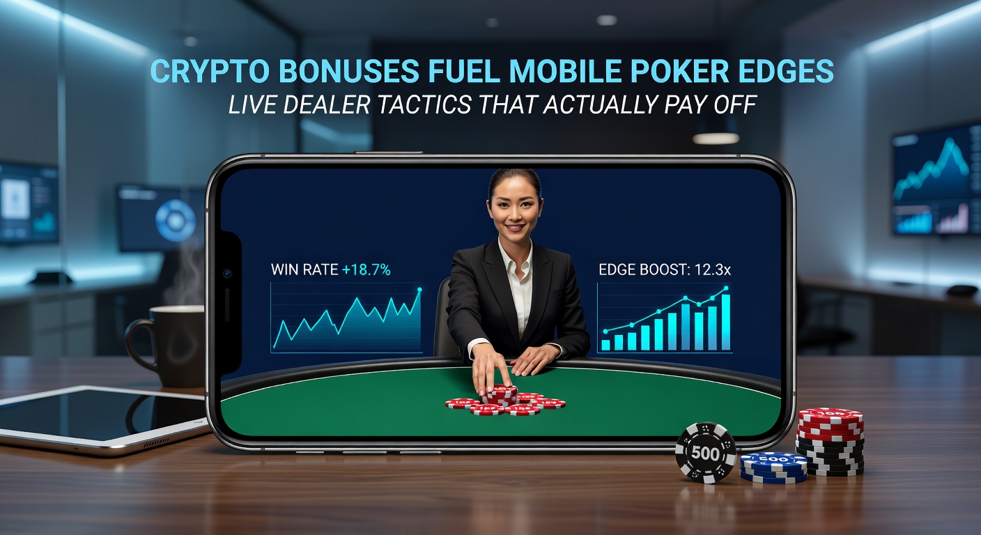 Live dealer poker table on mobile screen with crypto bonus overlay and player stats dashboard