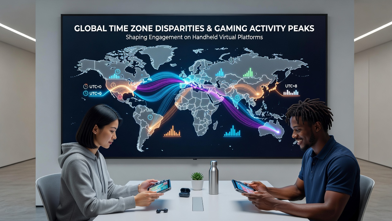 Mobile device screens displaying real-time player activity heatmaps aligned with world time zones