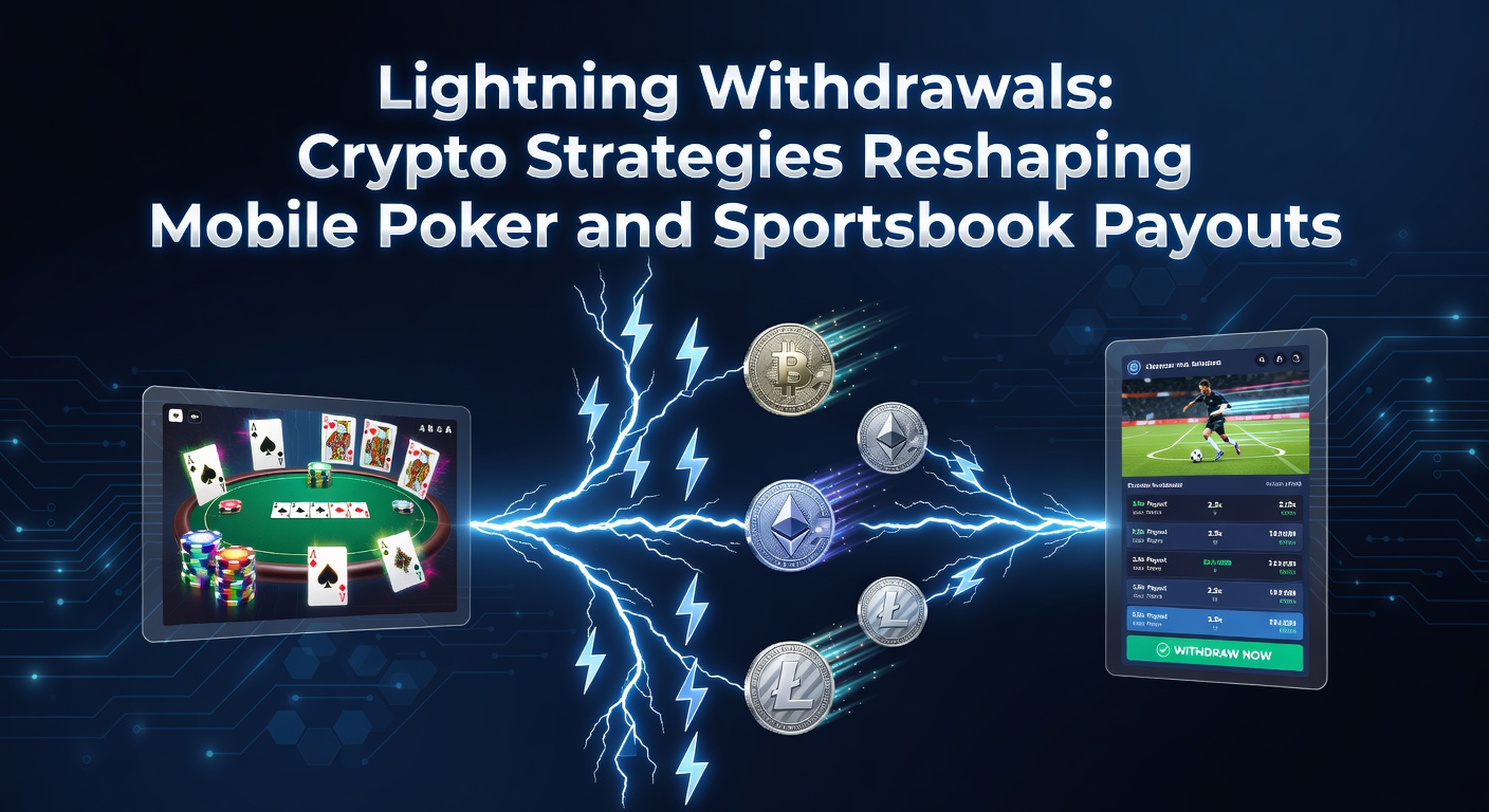 Illustration of a lightning bolt striking a mobile phone screen displaying a poker app payout confirmation, symbolizing instant crypto withdrawals