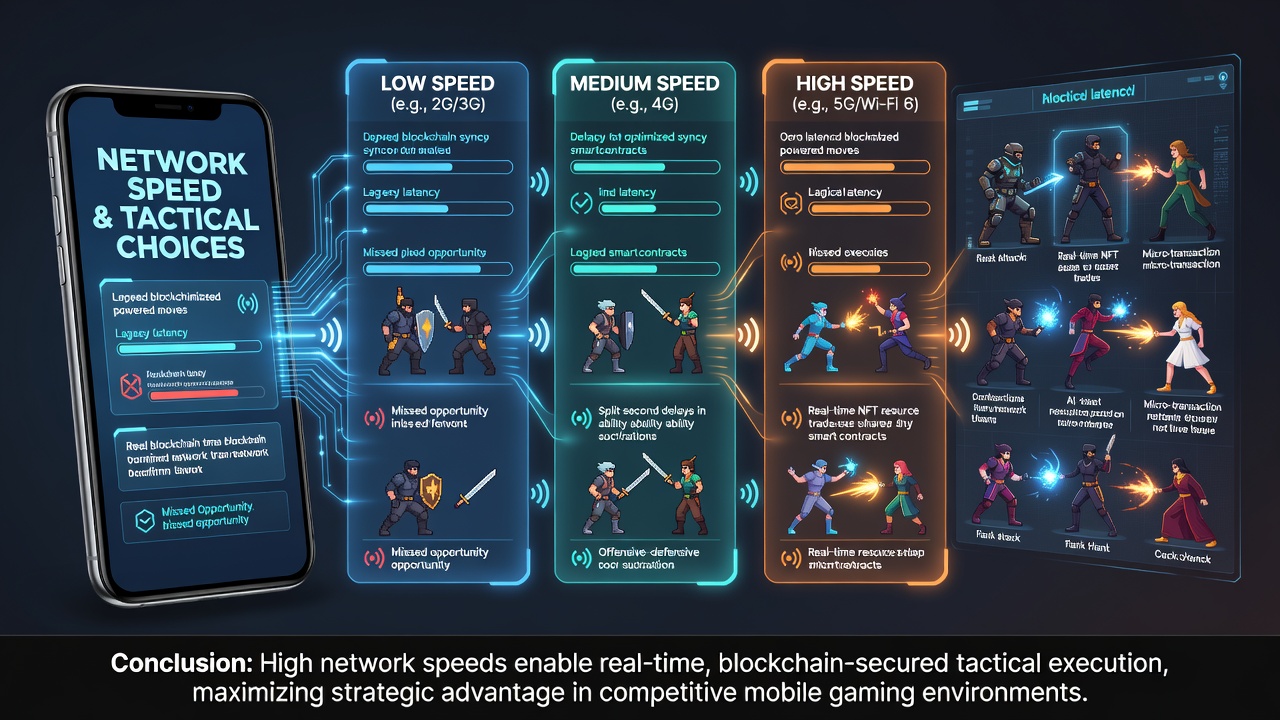 Close-up of mobile screen showing blockchain transaction queue and adaptive strategy options during a gaming session
