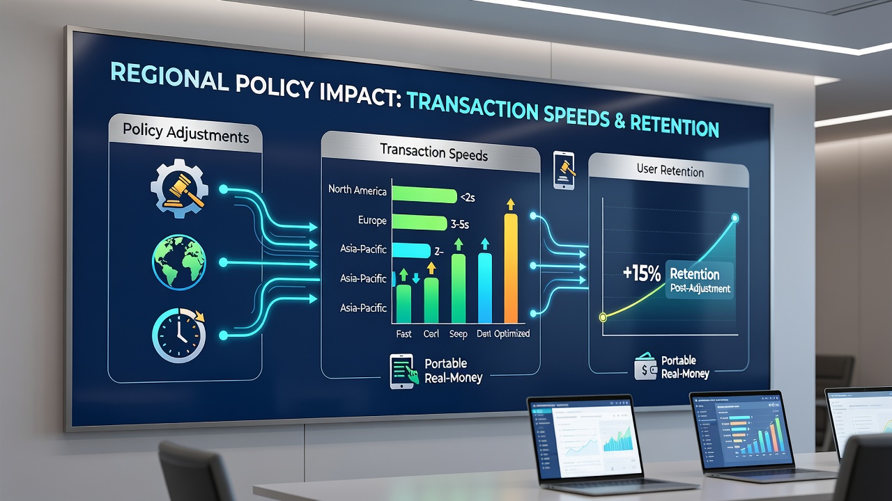 Data dashboard displaying regional transaction speed comparisons and retention statistics for mobile gaming apps