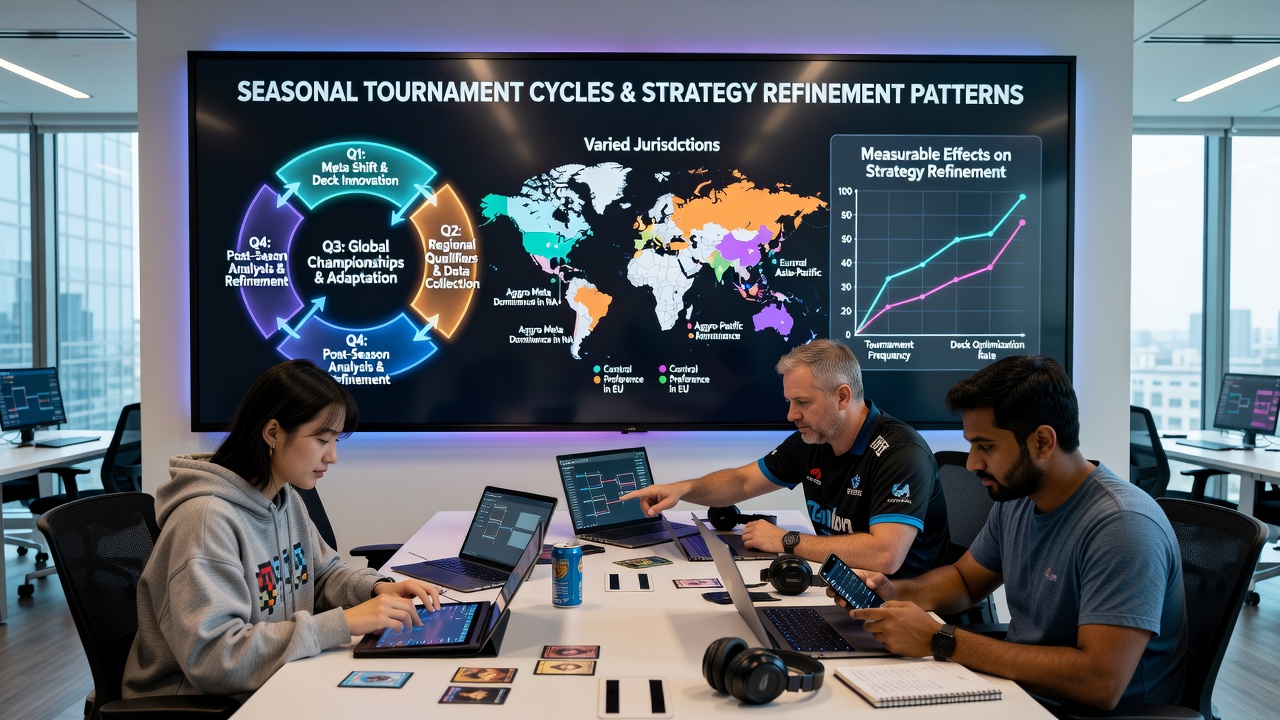 Digital card tournament participants reviewing seasonal performance data on mobile devices across multiple regions