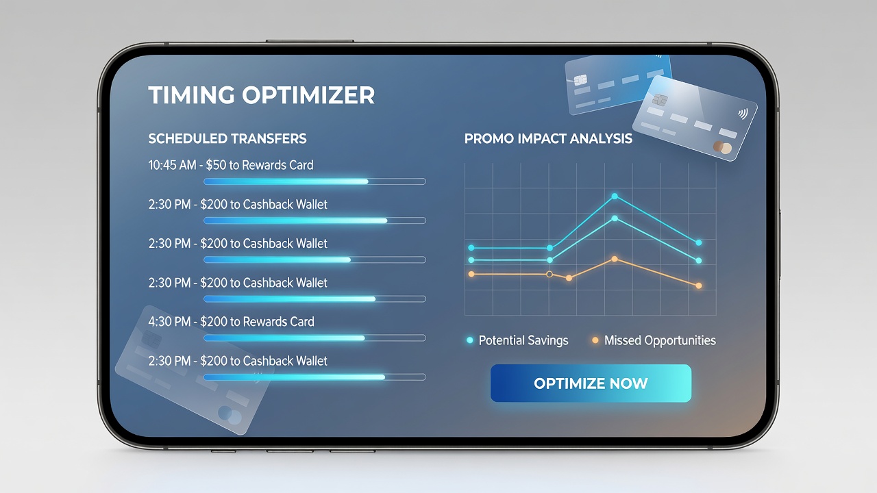 Dashboard view of scheduled digital wallet transfers and bonus expiration countdowns on a mobile card app